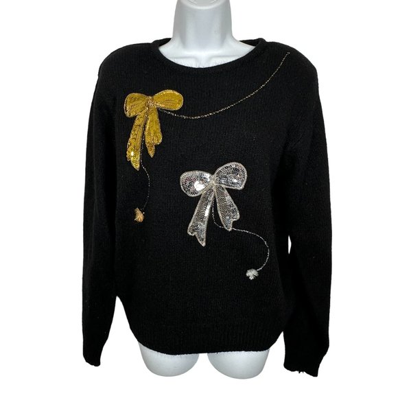 Vintage 80s Womens Sweater Christmas Palm Springs Yacht Club Sequin Bows - Picture 3 of 14